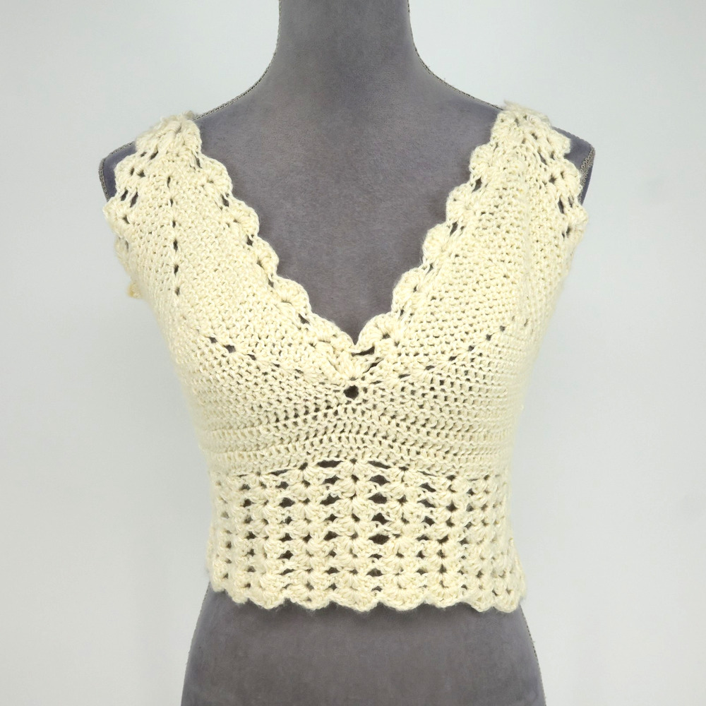 Handmade Crochet Top Womens Small Ivory Knit Cropped Tank Top V-neck Vtg